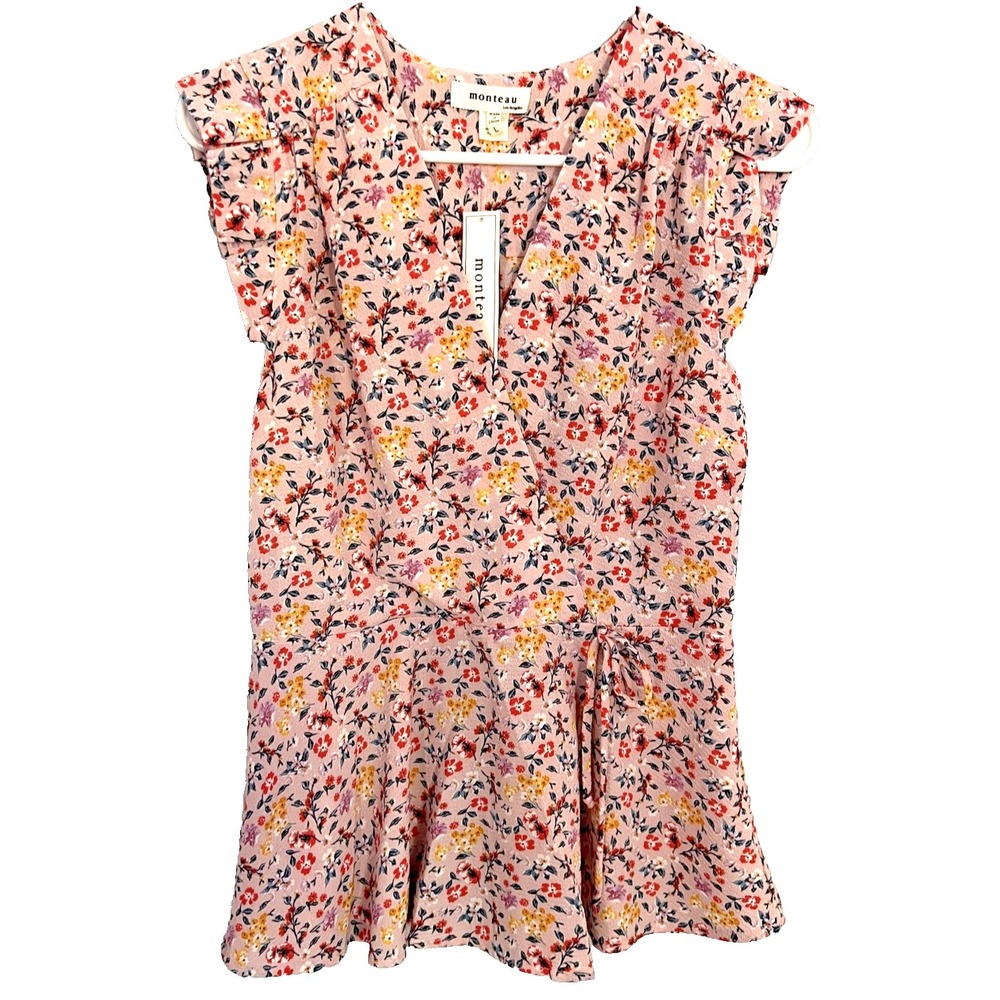 Monteau Shirt Womens L Pink Floral Peplum Wrap Cap Sleeve Top Blouse Stretch NWT